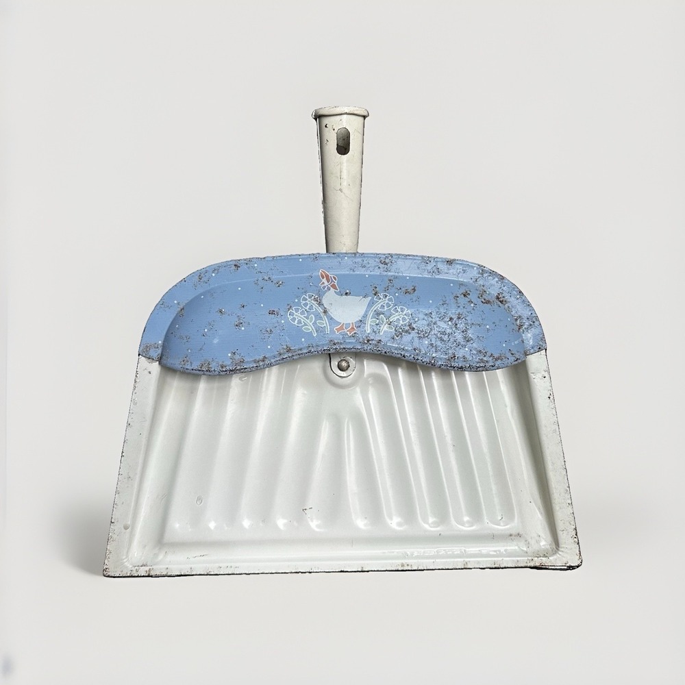 Vintage JV Reed Blue Rusty Dustpan Goose Duck with Bonnet Flowers Cottagecore